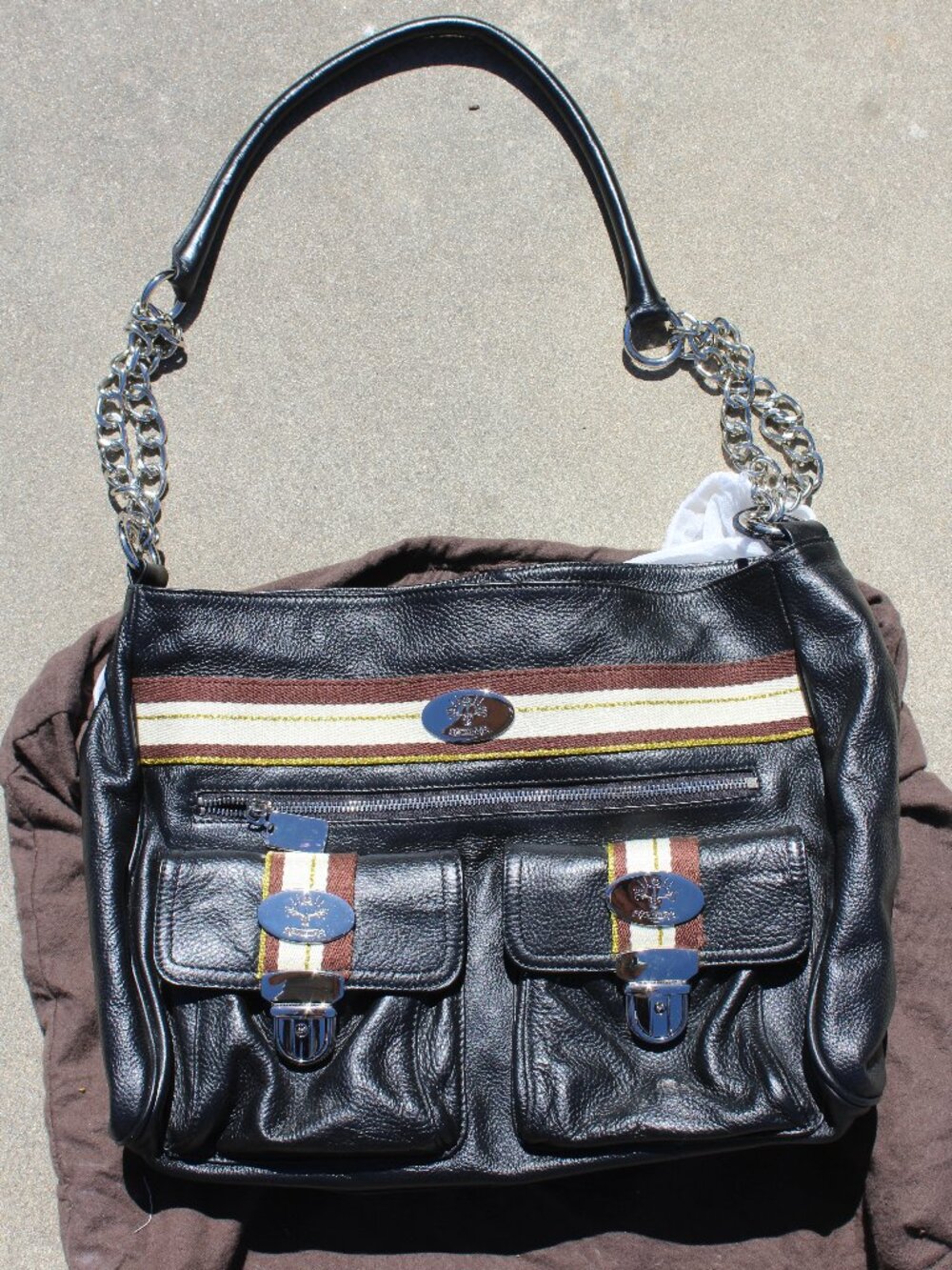 Christine Price Large 16" Black Pebbled Leather Hobo Shoulder Bag | Striped Trim
